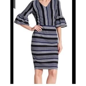 Eci V-Neck Striped Bell Sleeve Dress Size 8 NWT